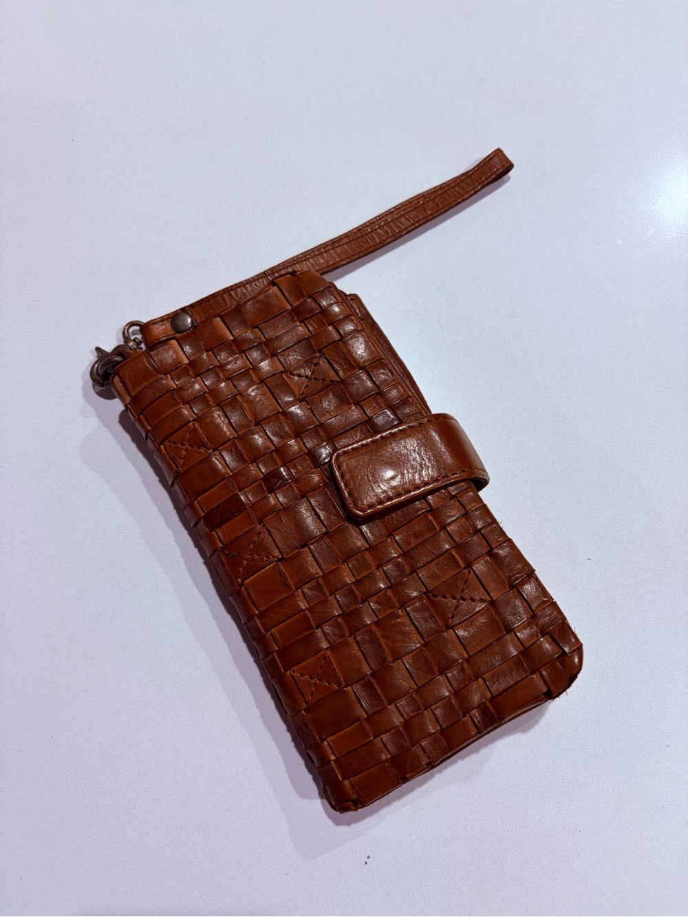Woven Leather Wristlet Wallet in Brown
